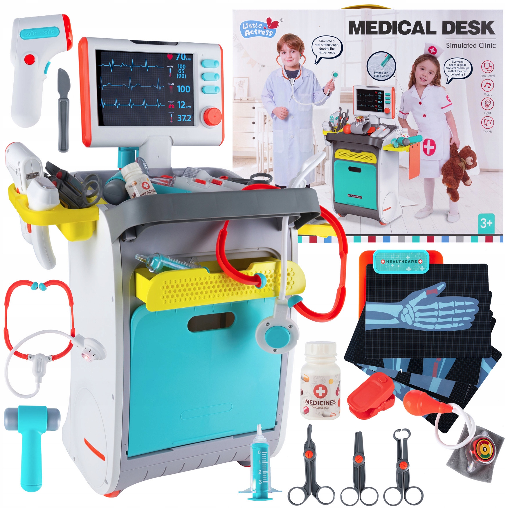 Set de joaca, carucior medical cu aparatura si instrumente, cu sunete si lumini Household NewTrend