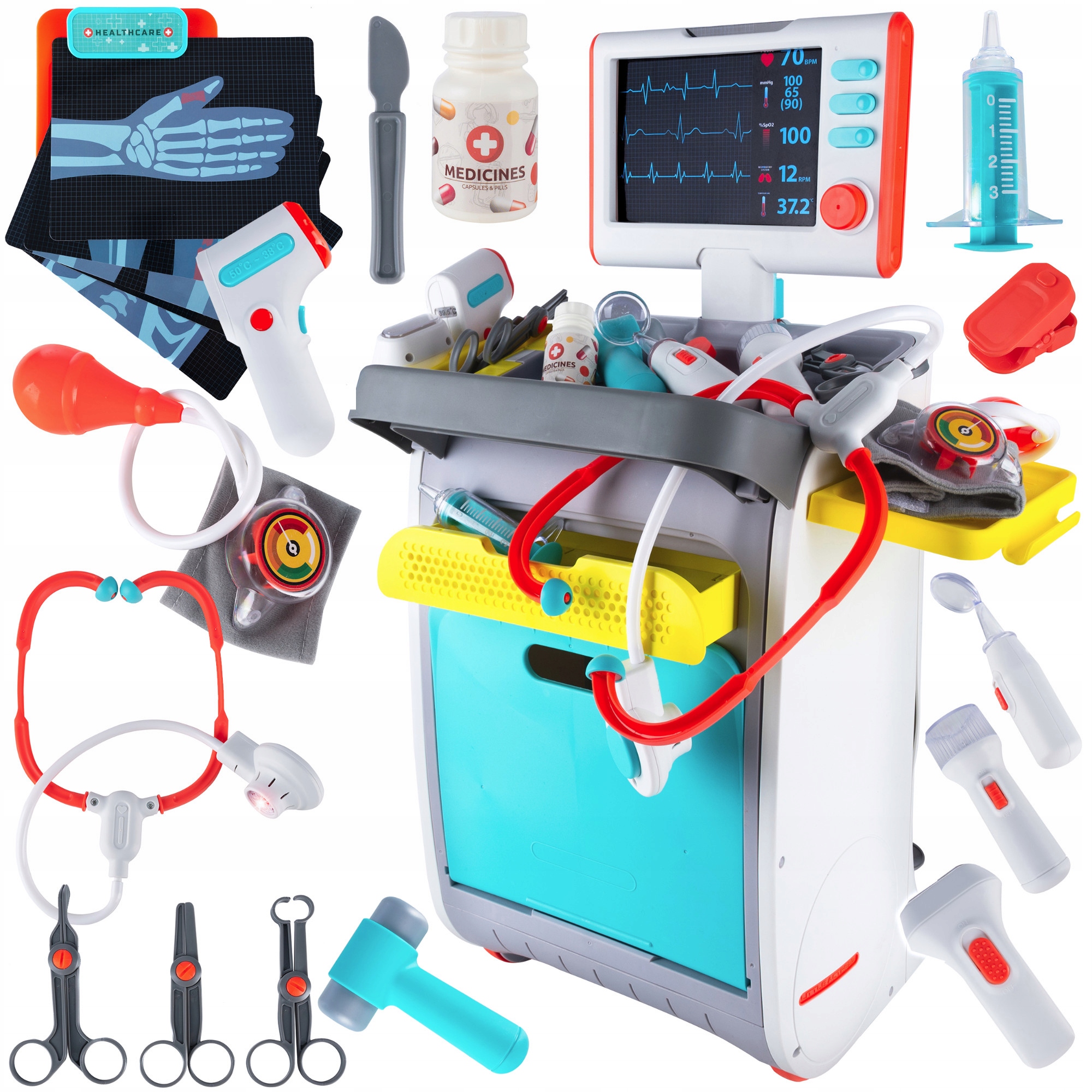 Set de joaca, carucior medical cu aparatura si instrumente, cu sunete si lumini Household NewTrend