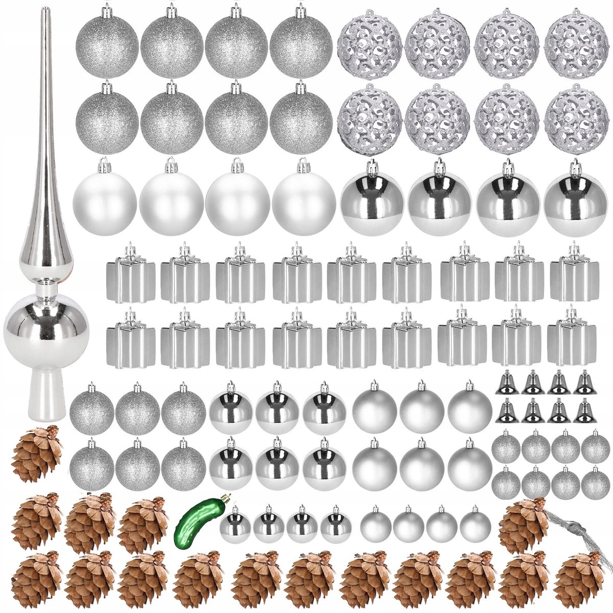 Set globuri si decoratiuni de Craciun, 102 piese, diverse dimensiuni, argintiu Household NewTrend