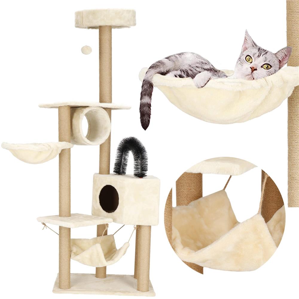 Ansamblu de joaca pentru pisici, cu loc pentru zgariat, ascuns, culcus, hamac, minge, 154cm, crem Household NewTrend