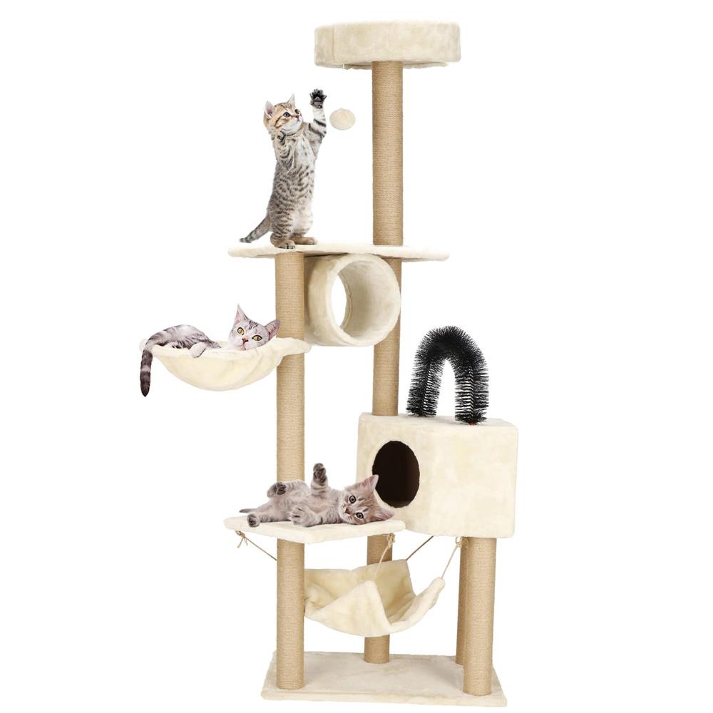 Ansamblu de joaca pentru pisici, cu loc pentru zgariat, ascuns, culcus, hamac, minge, 154cm, crem Household NewTrend
