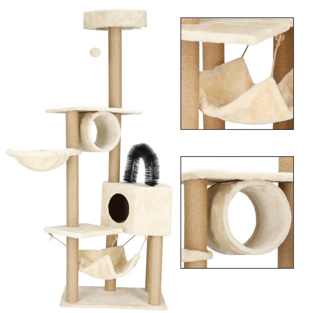 Ansamblu de joaca pentru pisici, cu loc pentru zgariat, ascuns, culcus, hamac, minge, 154cm, crem Household NewTrend