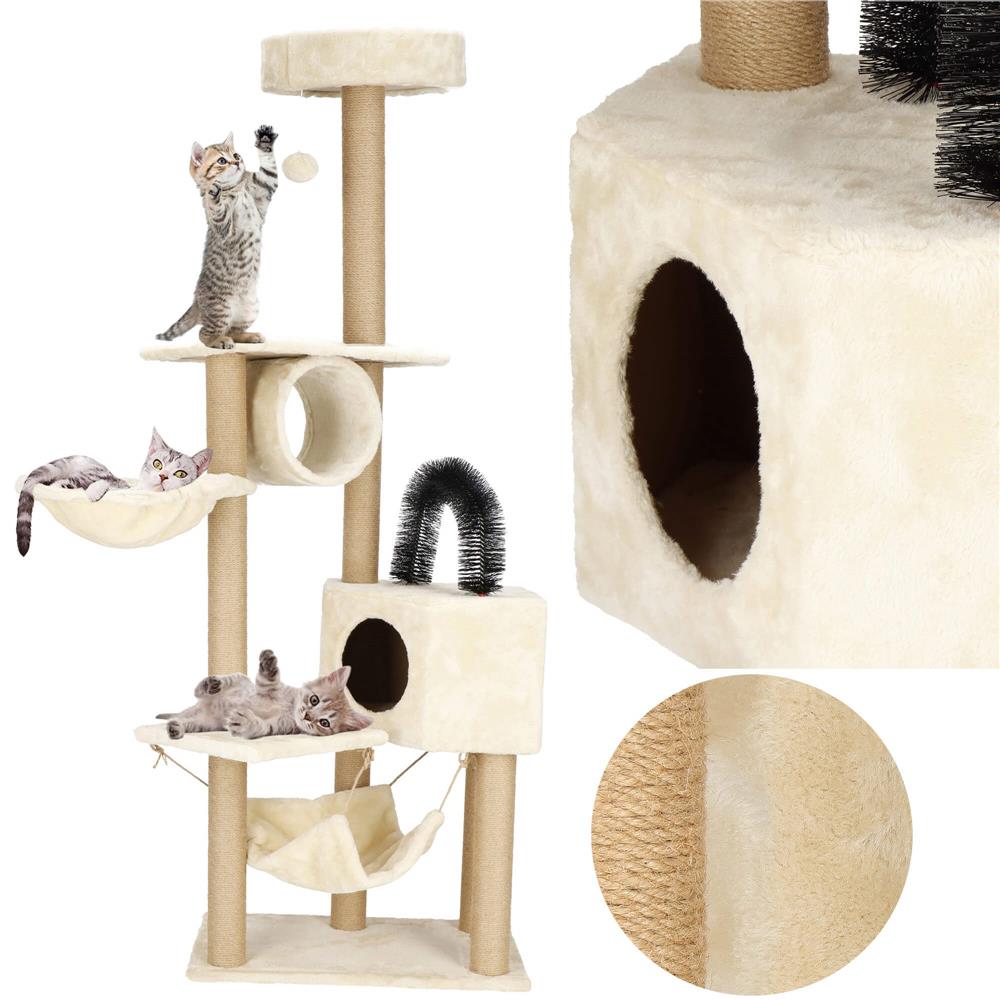 Ansamblu de joaca pentru pisici, cu loc pentru zgariat, ascuns, culcus, hamac, minge, 154cm, crem Household NewTrend