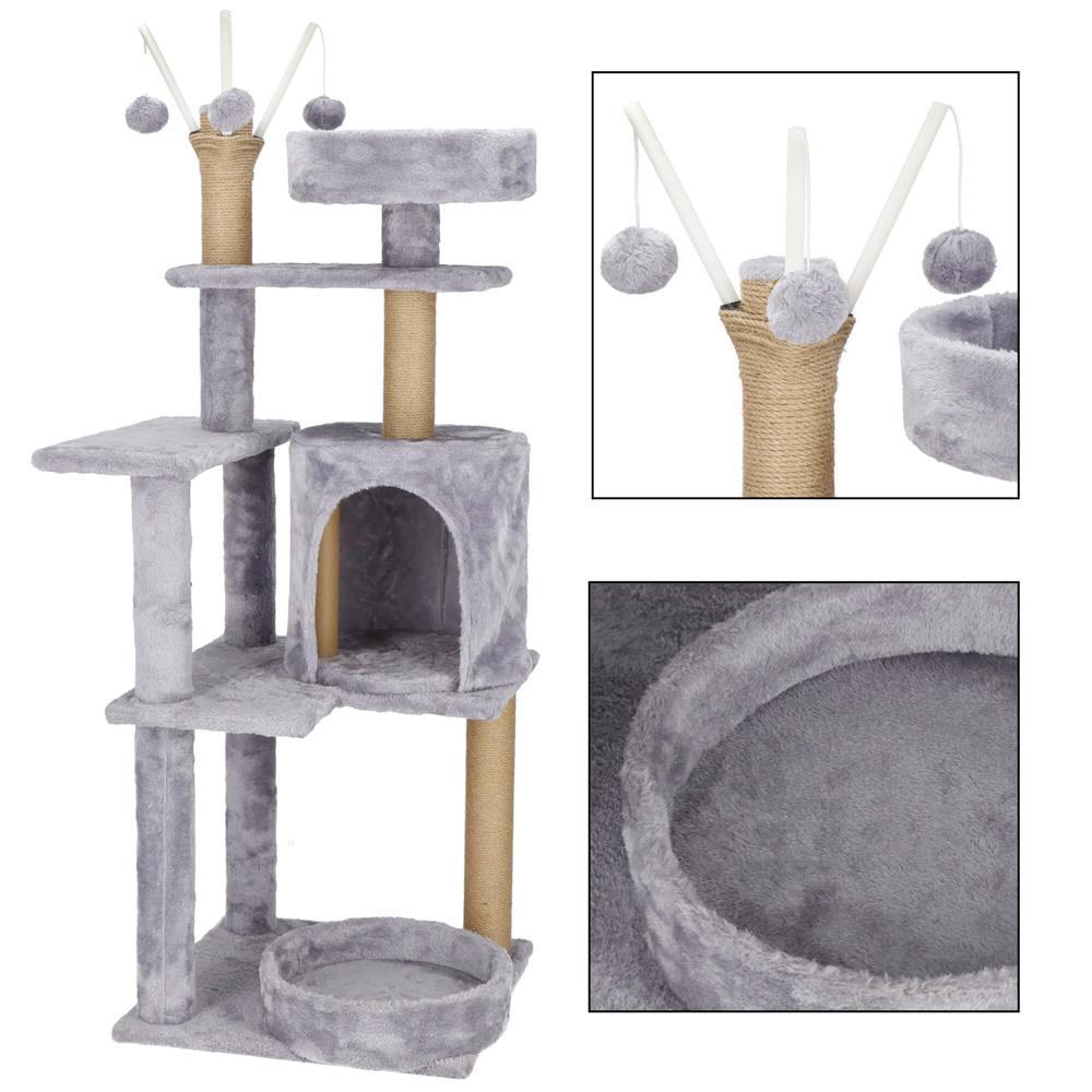 Ansamblu de joaca pentru pisici, cu loc pentru zgariat, ascuns, culcus, mingi, 127cm, gri Household NewTrend