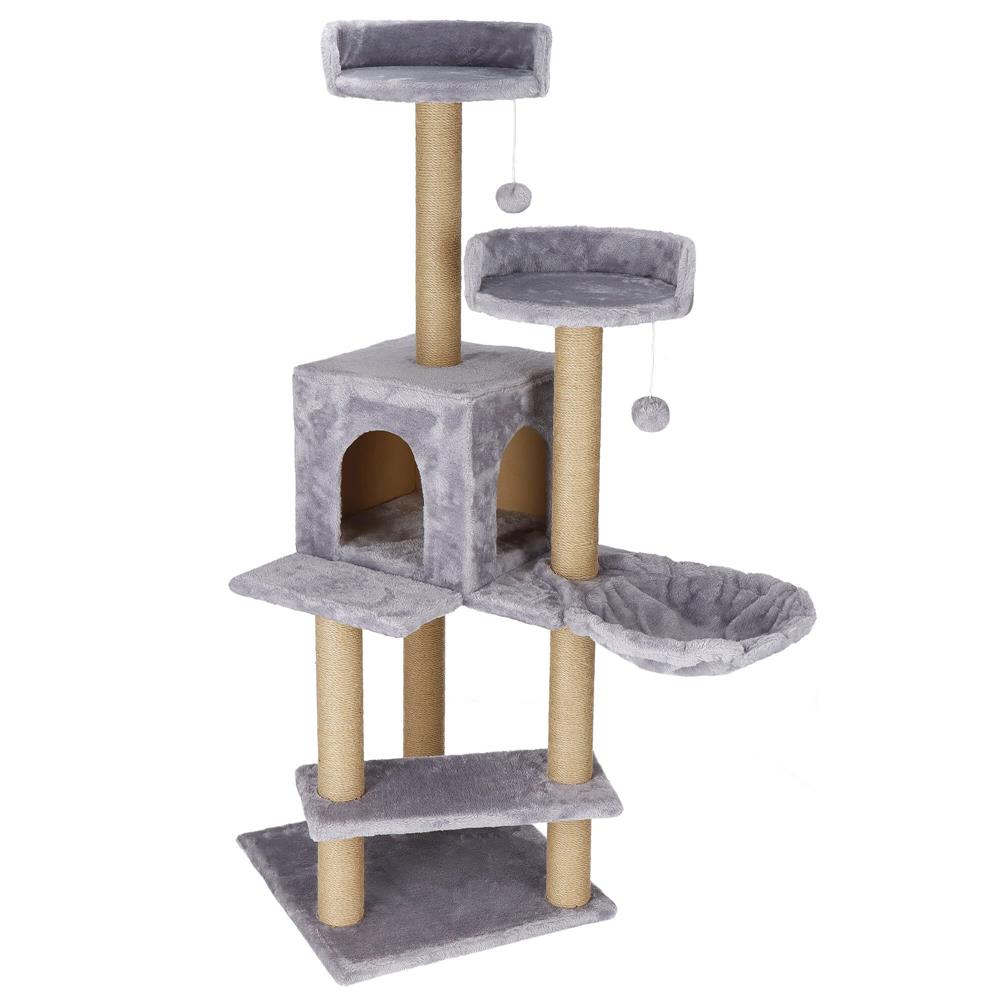 Ansamblu de joaca pentru pisici, cu loc pentru zgariat, ascuns, culcus, mingi, 129cm, gri Household NewTrend