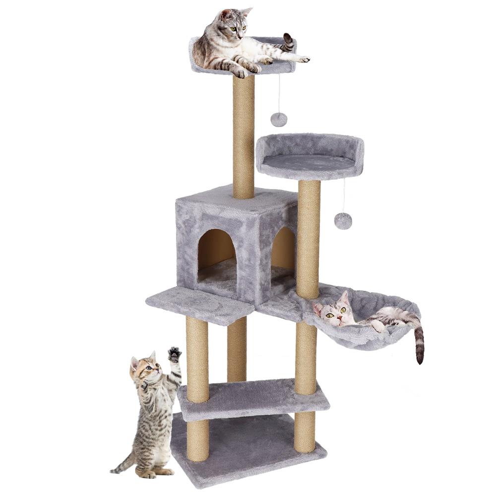 Ansamblu de joaca pentru pisici, cu loc pentru zgariat, ascuns, culcus, mingi, 129cm, gri Household NewTrend