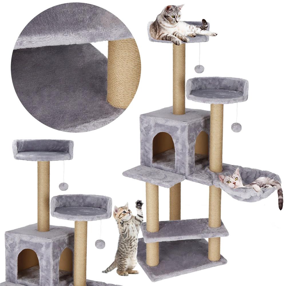 Ansamblu de joaca pentru pisici, cu loc pentru zgariat, ascuns, culcus, mingi, 129cm, gri Household NewTrend