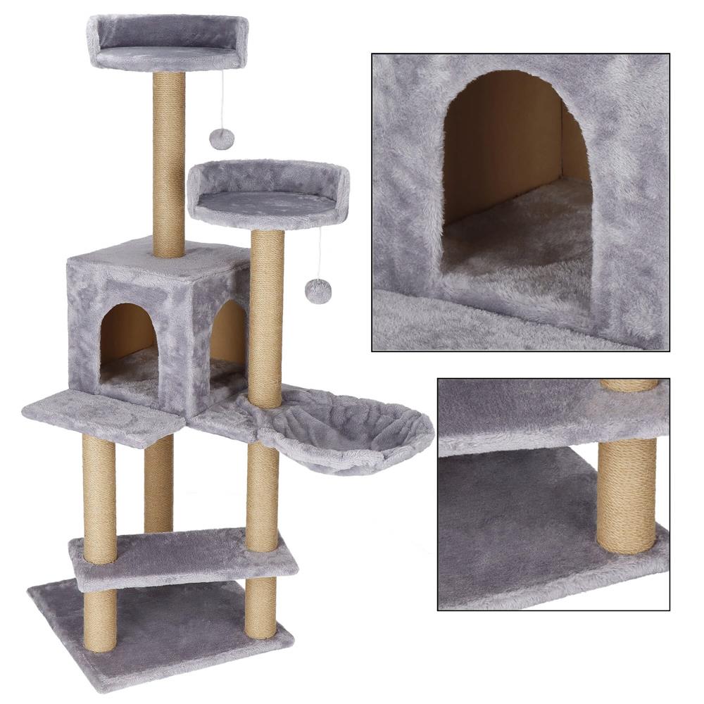 Ansamblu de joaca pentru pisici, cu loc pentru zgariat, ascuns, culcus, mingi, 129cm, gri Household NewTrend
