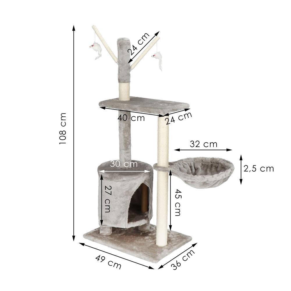 Ansamblu de joaca pentru pisici, cu loc pentru zgariat, ascuns, culcus, soricei, 108cm, gri Household NewTrend
