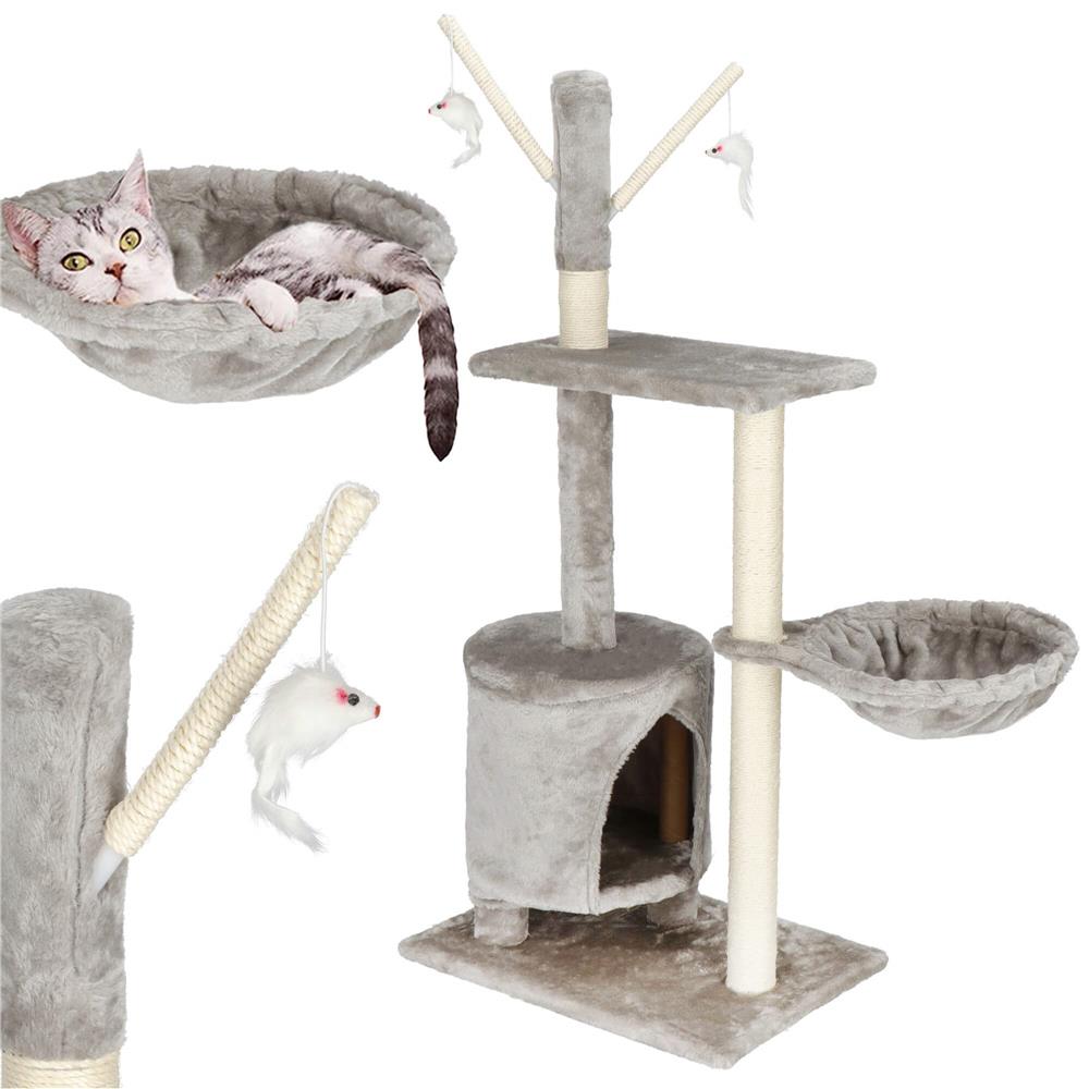 Ansamblu de joaca pentru pisici, cu loc pentru zgariat, ascuns, culcus, soricei, 108cm, gri Household NewTrend
