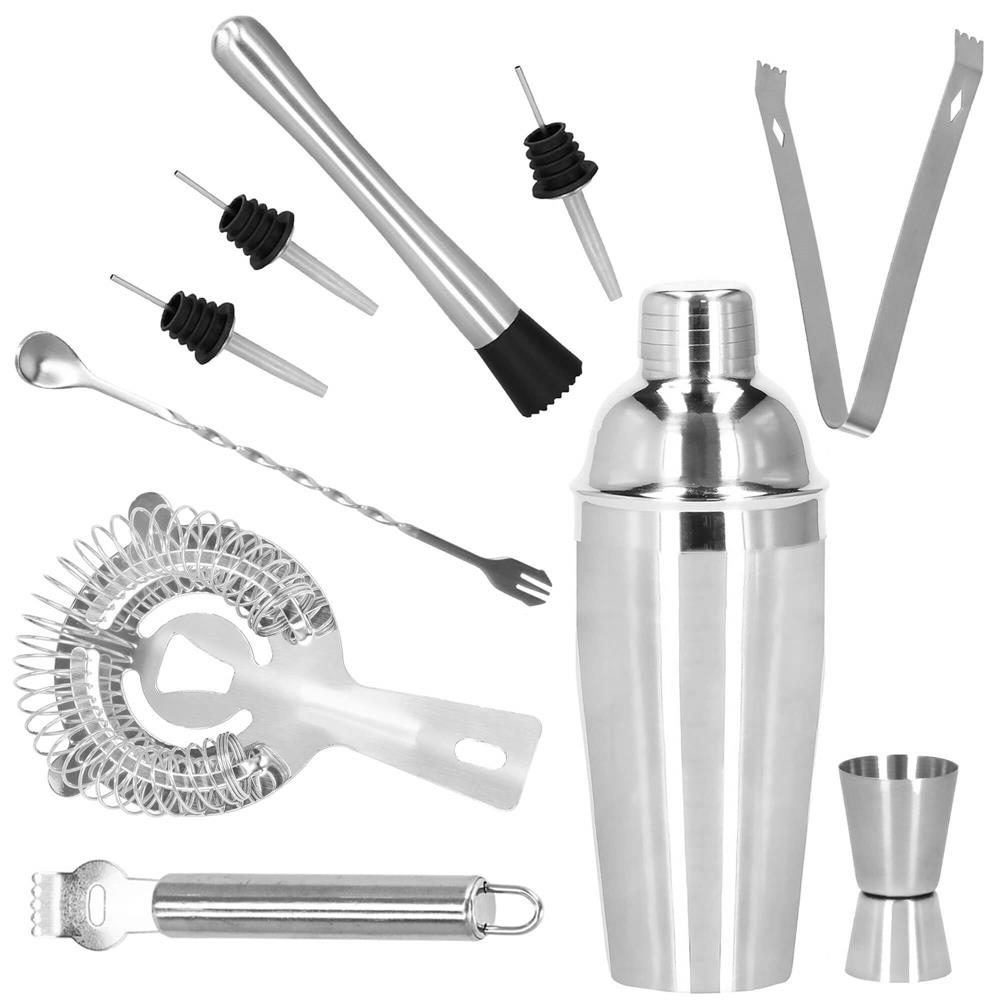 Set Cocktail Shaker Kit pentru barmani 550ml, KI24, suport bambus, 11 piese Household NewTrend