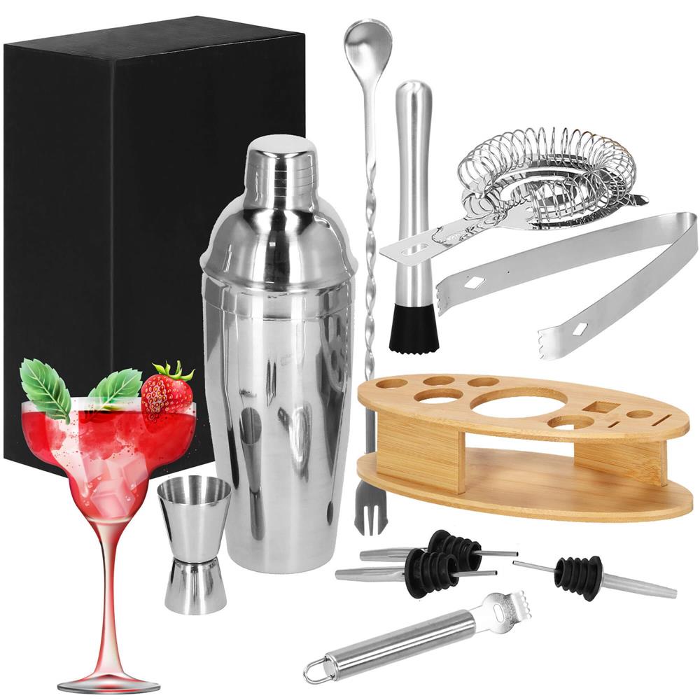 Set Cocktail Shaker Kit pentru barmani 550ml, KI24, suport bambus, 11 piese Household NewTrend