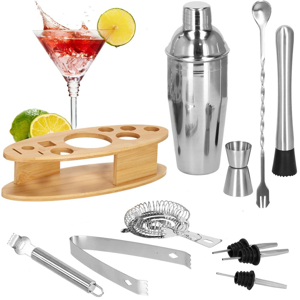 Set Cocktail Shaker Kit pentru barmani 550ml, KI24, suport bambus, 11 piese Household NewTrend
