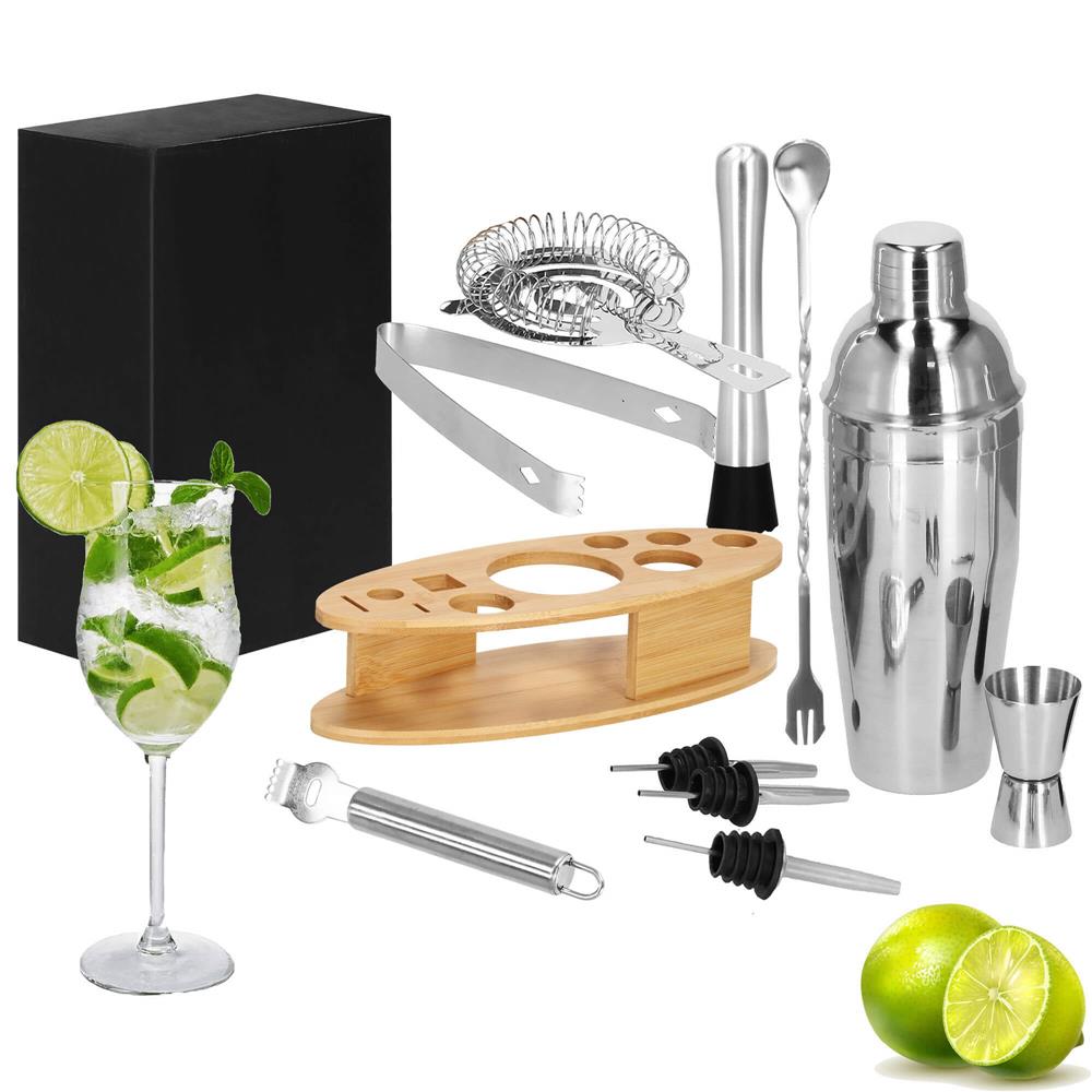 Set Cocktail Shaker Kit pentru barmani 550ml, KI24, suport bambus, 11 piese Household NewTrend
