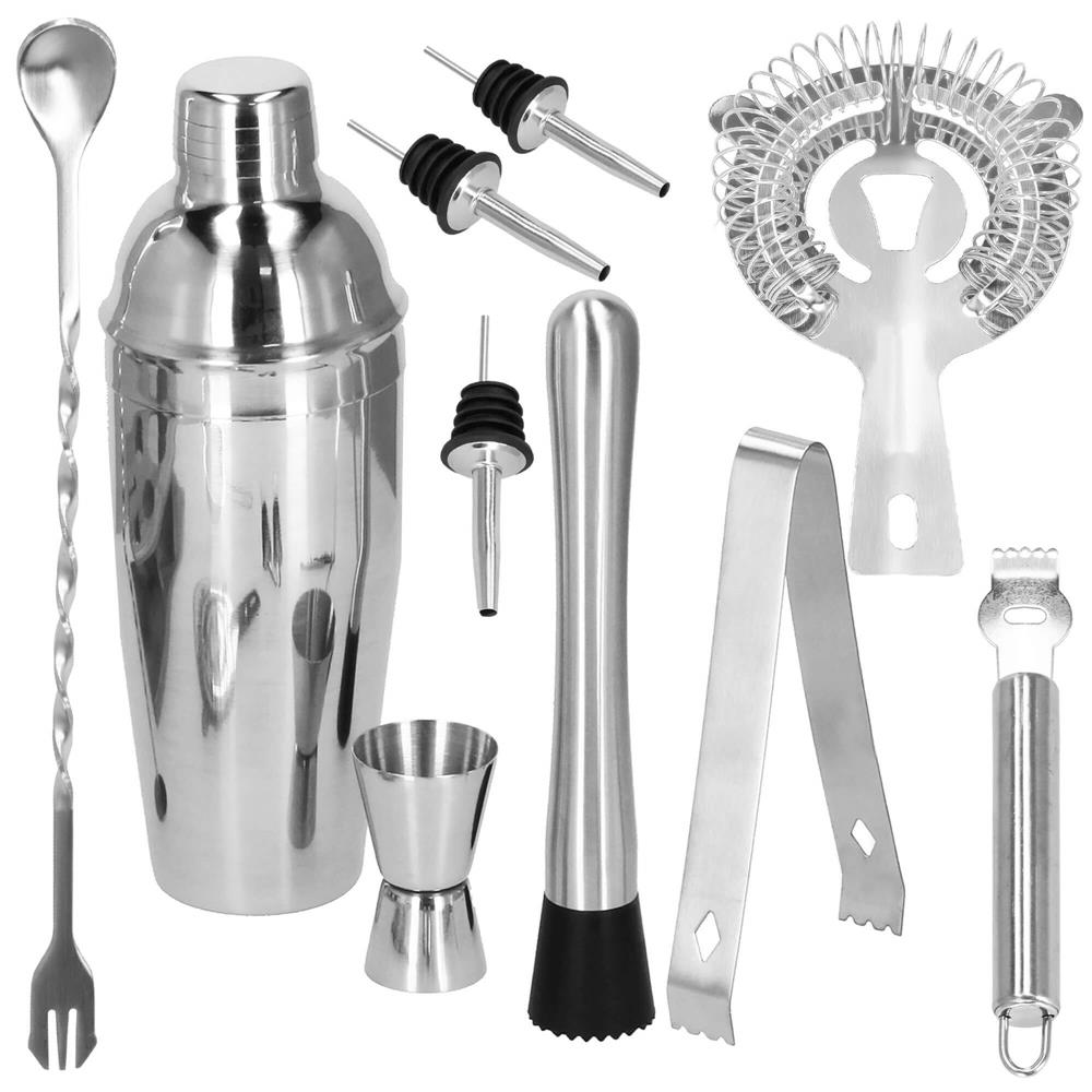 Set Cocktail Shaker Kit pentru barmani 550ml, KI24, suport bambus, 11 piese Household NewTrend