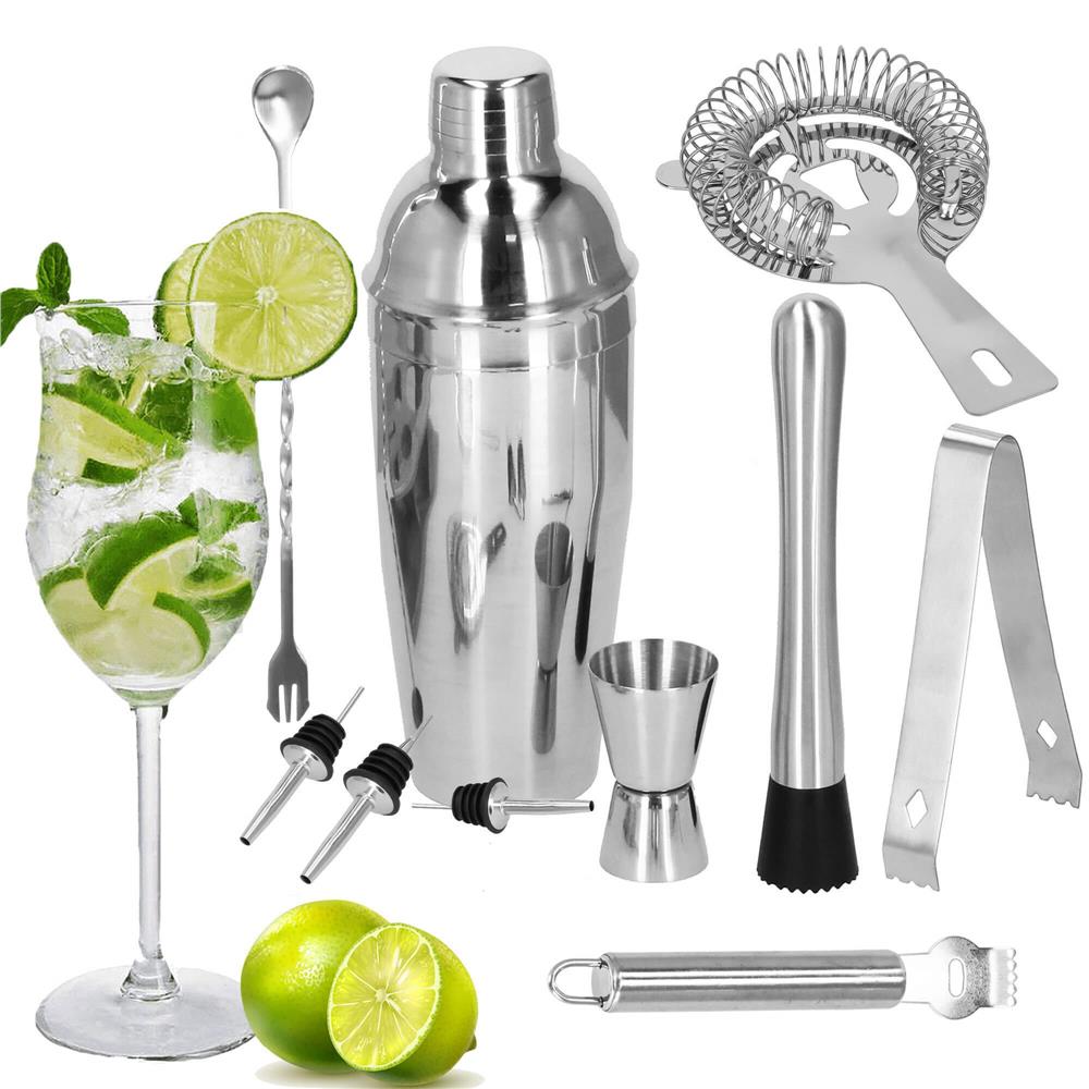 Set Cocktail Shaker Kit pentru barmani 550ml, KI24, suport bambus, 11 piese Household NewTrend