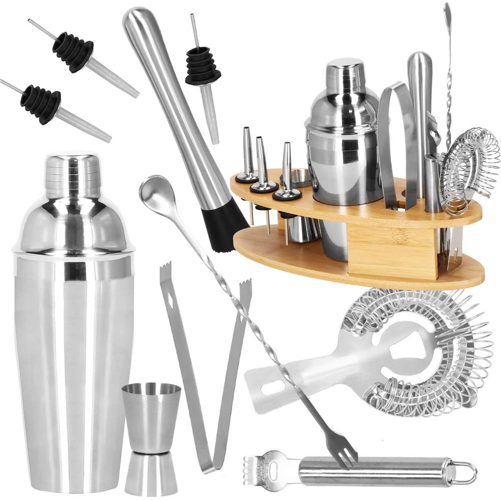 Set Cocktail Shaker Kit pentru barmani 550ml, KI24, suport bambus, 11 piese Household NewTrend
