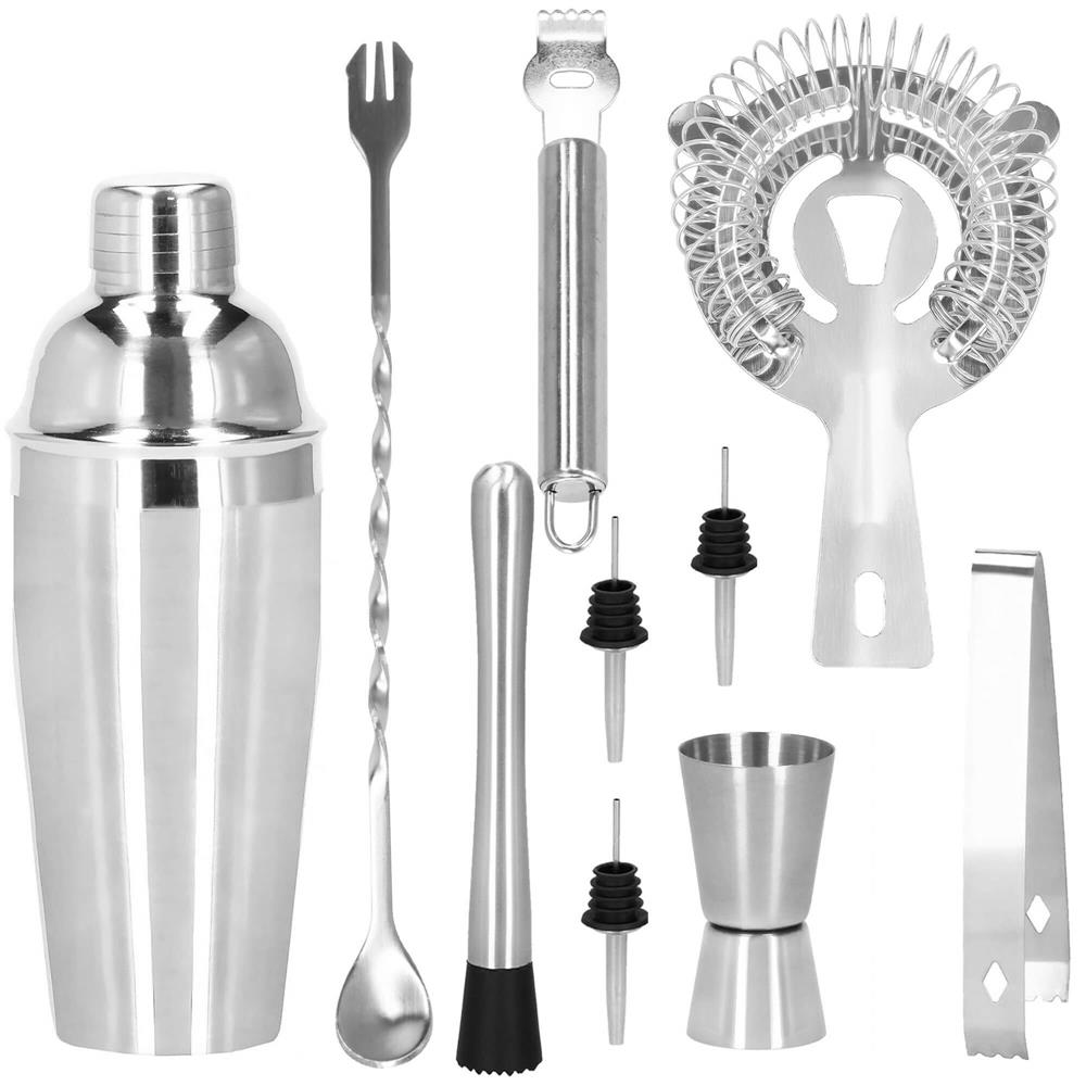 Set Cocktail Shaker Kit pentru barmani 550ml, KI24, suport bambus, 11 piese Household NewTrend
