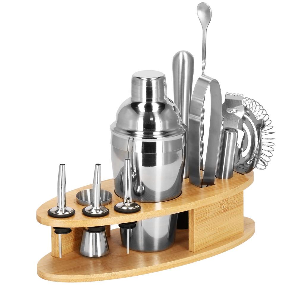 Set Cocktail Shaker Kit pentru barmani 550ml, KI24, suport bambus, 11 piese Household NewTrend