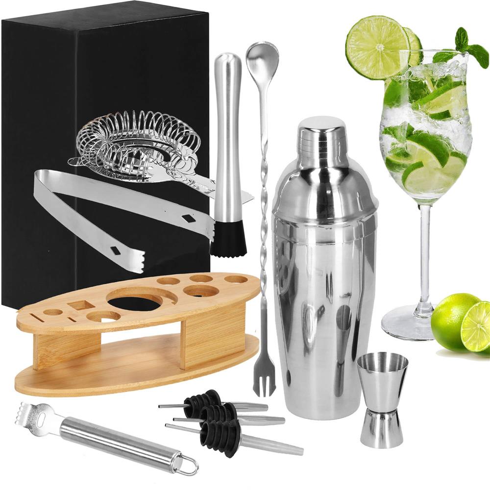 Set Cocktail Shaker Kit pentru barmani 550ml, KI24, suport bambus, 11 piese Household NewTrend