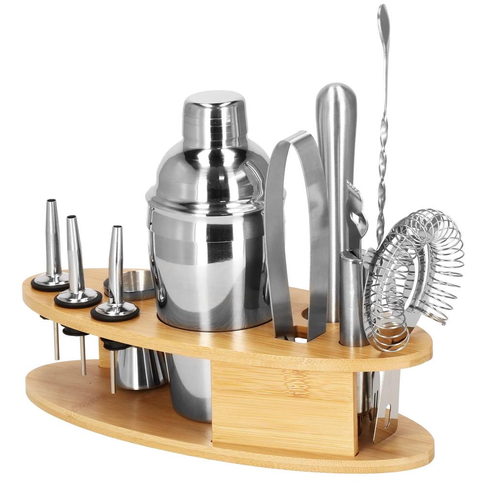 Set Cocktail Shaker Kit pentru barmani 550ml, KI24, suport bambus, 11 piese Household NewTrend