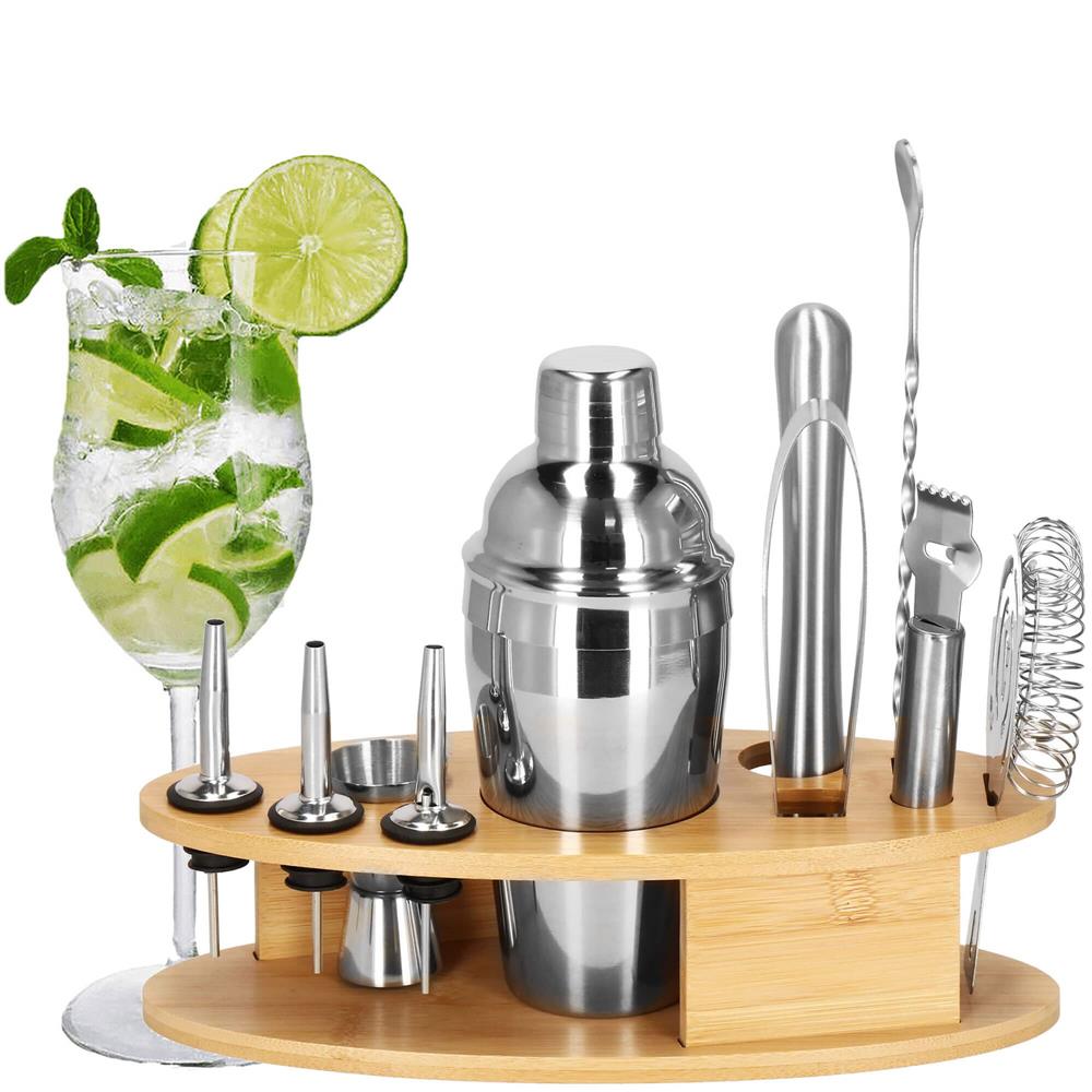 Set Cocktail Shaker Kit pentru barmani 550ml, KI24, suport bambus, 11 piese Household NewTrend