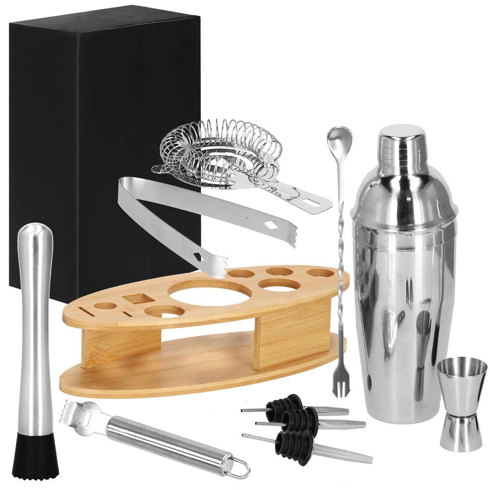 Set Cocktail Shaker Kit pentru barmani 550ml, KI24, suport bambus, 11 piese Household NewTrend