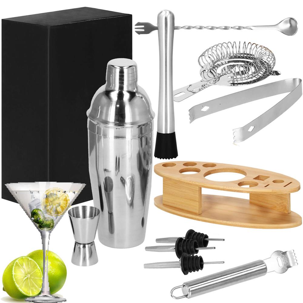 Set Cocktail Shaker Kit pentru barmani 550ml, KI24, suport bambus, 11 piese Household NewTrend