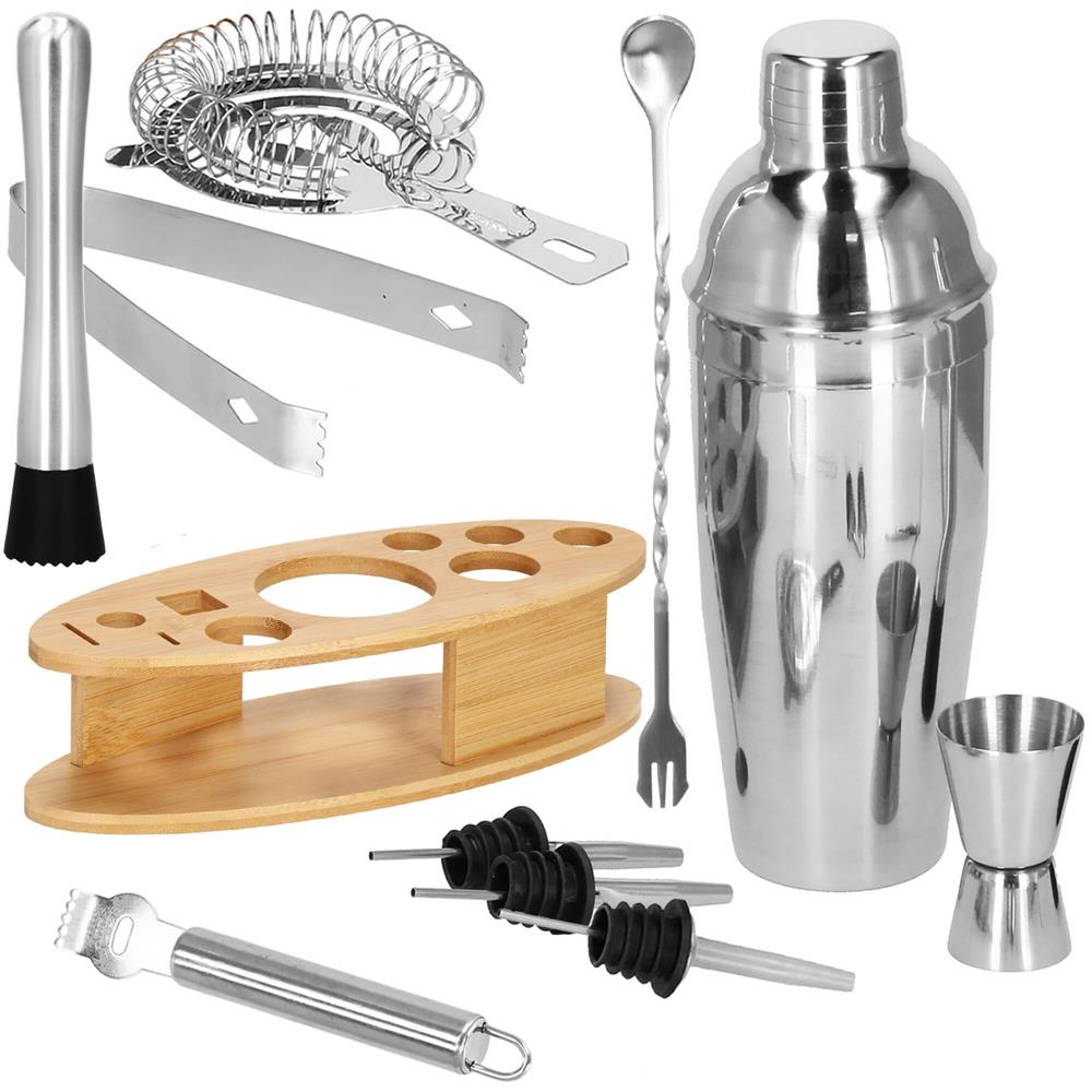 Set Cocktail Shaker Kit pentru barmani 550ml, KI24, suport bambus, 11 piese Household NewTrend