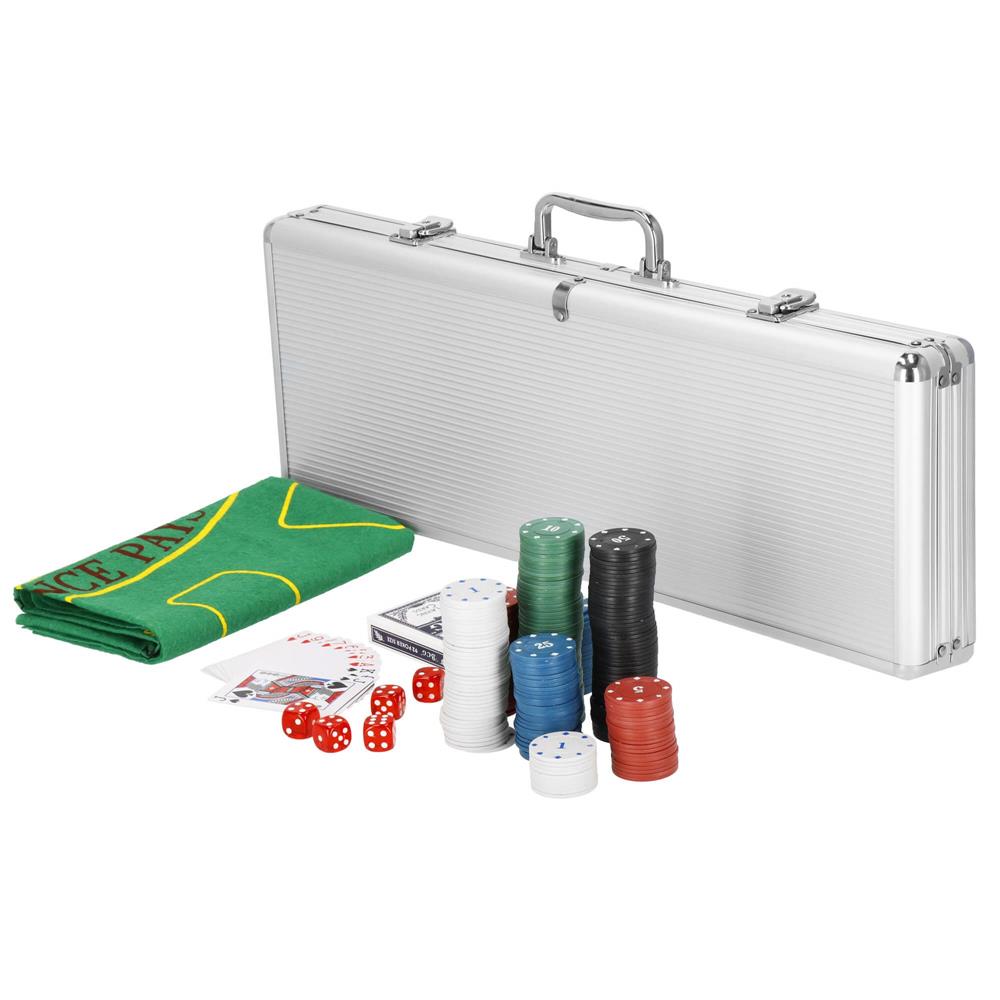 Set de Poker Complex cu 500 de jetoane, covoras verde, 2 seturi de carti, 5 zaruri, in servieta aluminiu Household NewTrend