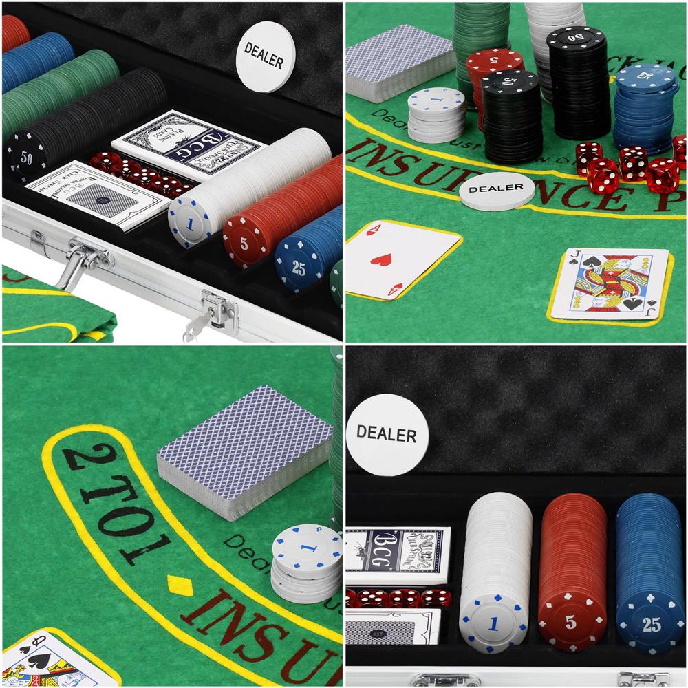 Set de Poker Complex cu 500 de jetoane, covoras verde, 2 seturi de carti, 5 zaruri, in servieta aluminiu Household NewTrend