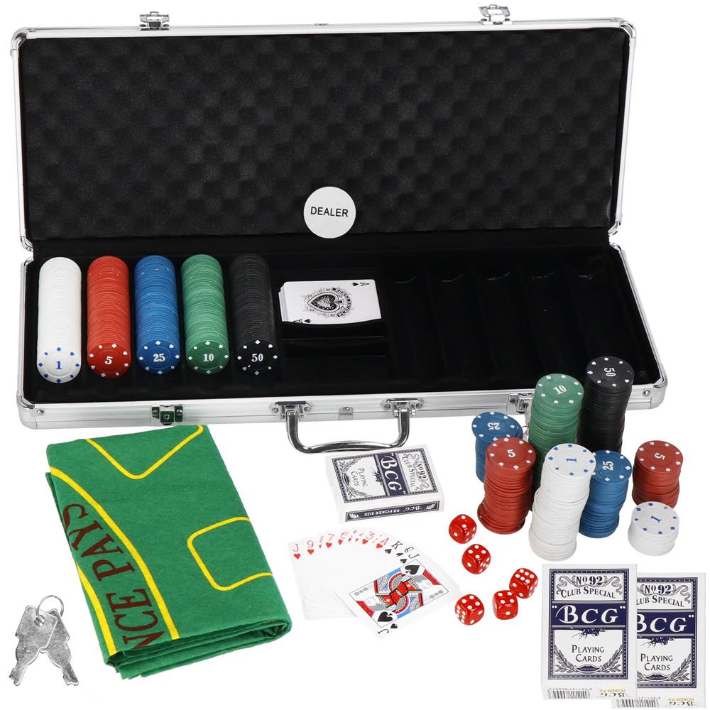 Set de Poker Complex cu 500 de jetoane, covoras verde, 2 seturi de carti, 5 zaruri, in servieta aluminiu Household NewTrend