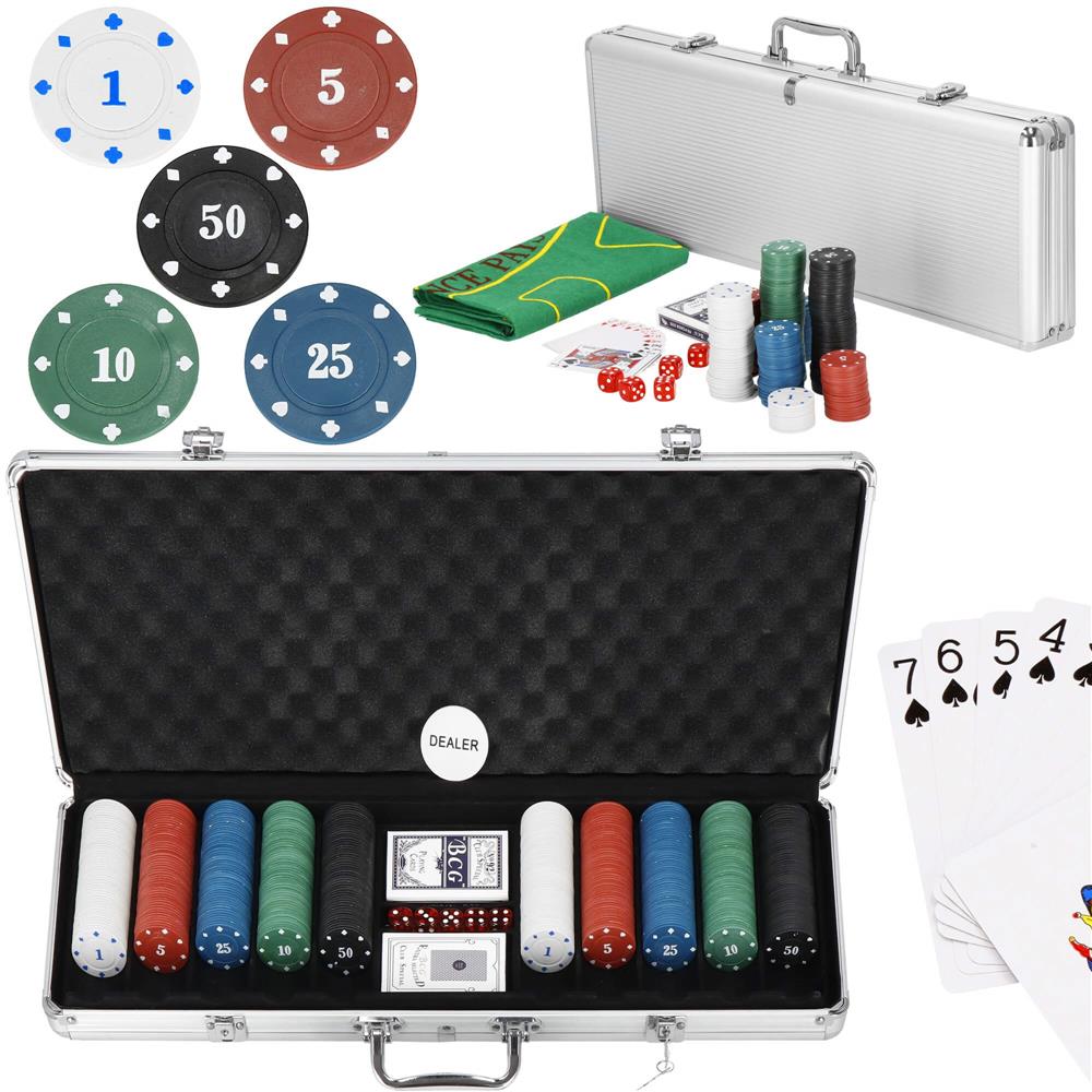 Set de Poker Complex cu 500 de jetoane, covoras verde, 2 seturi de carti, 5 zaruri, in servieta aluminiu Household NewTrend