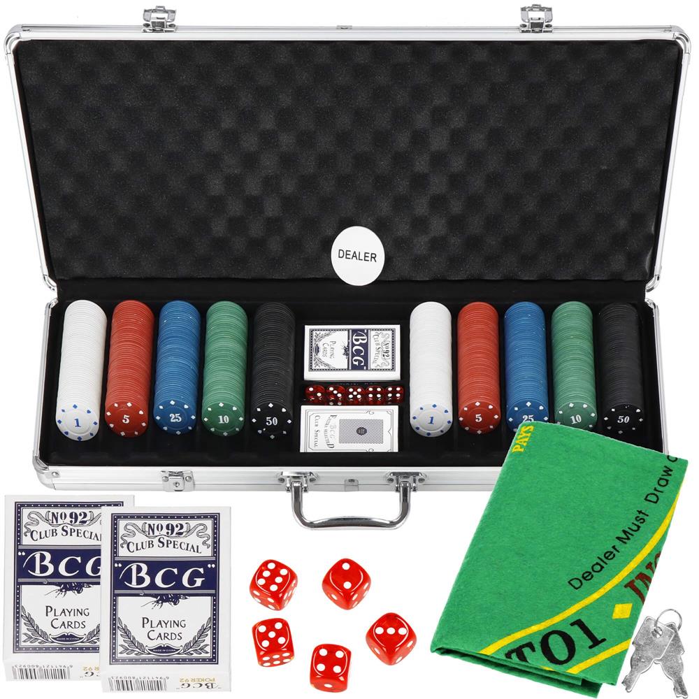 Set de Poker Complex cu 500 de jetoane, covoras verde, 2 seturi de carti, 5 zaruri, in servieta aluminiu Household NewTrend