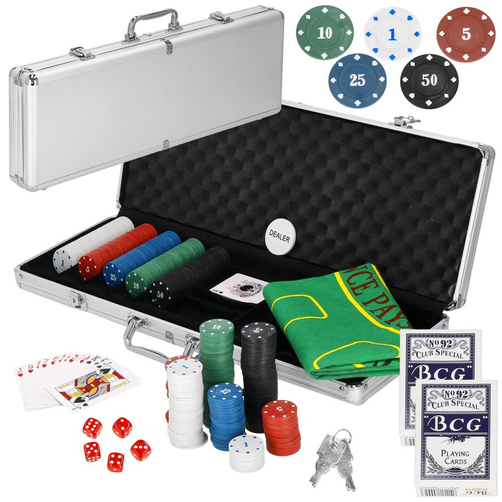 Set de Poker Complex cu 500 de jetoane, covoras verde, 2 seturi de carti, 5 zaruri, in servieta aluminiu Household NewTrend
