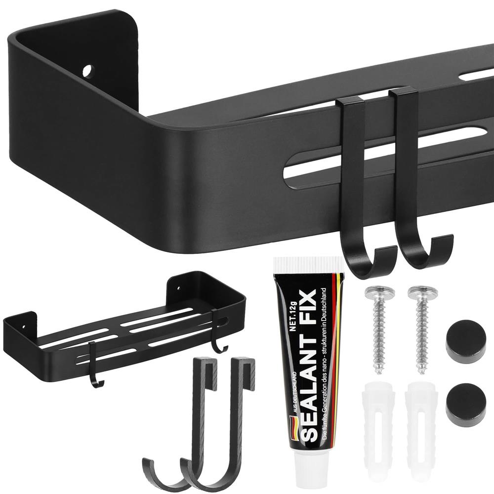 Raft de baie cu 2 agatatori, 2 sisteme instalare pe perete, aluminiu, 32x12x4cm, negru Household NewTrend