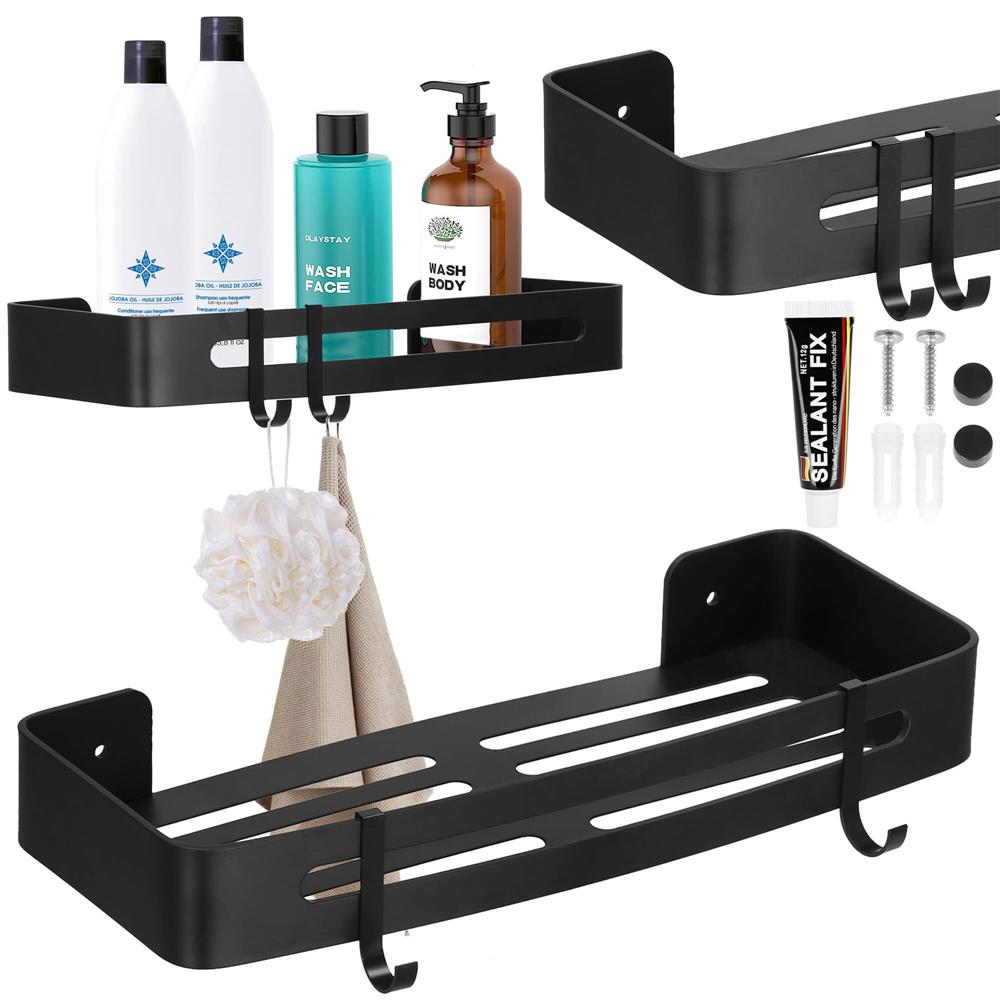 Raft de baie cu 2 agatatori, 2 sisteme instalare pe perete, aluminiu, 32x12x4cm, negru Household NewTrend