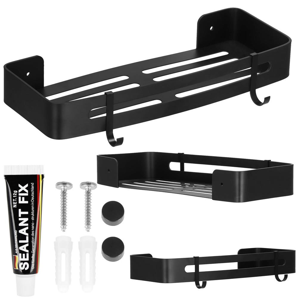 Raft de baie cu 2 agatatori, 2 sisteme instalare pe perete, aluminiu, 32x12x4cm, negru Household NewTrend