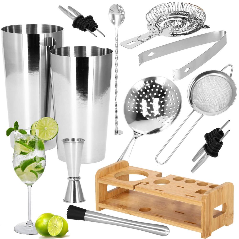 Set Cocktail Shaker Kit pentru barmani 750ml, KI11, suport bambus, 14 piese Household NewTrend