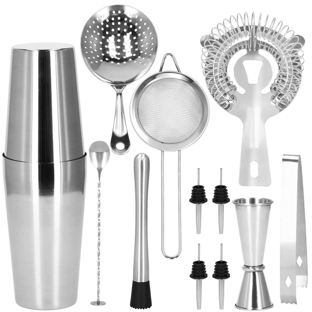 Set Cocktail Shaker Kit pentru barmani 750ml, KI11, suport bambus, 14 piese Household NewTrend