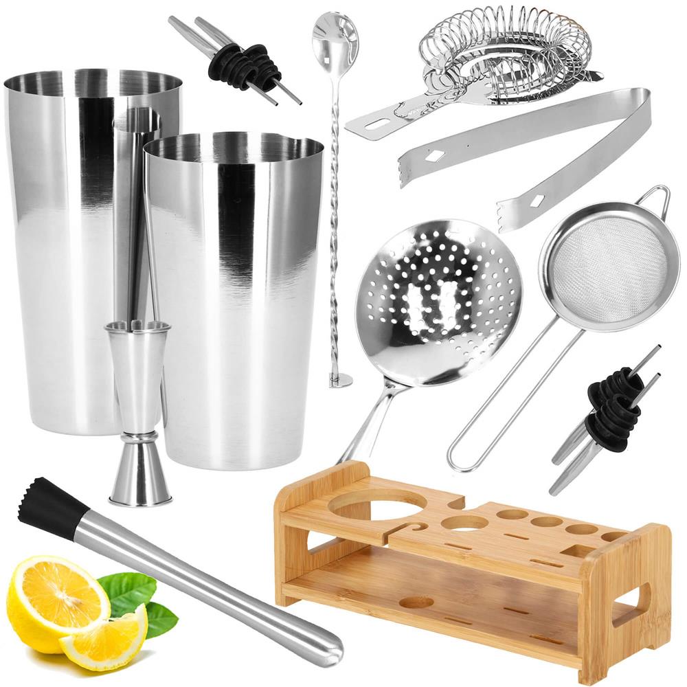 Set Cocktail Shaker Kit pentru barmani 750ml, KI11, suport bambus, 14 piese Household NewTrend