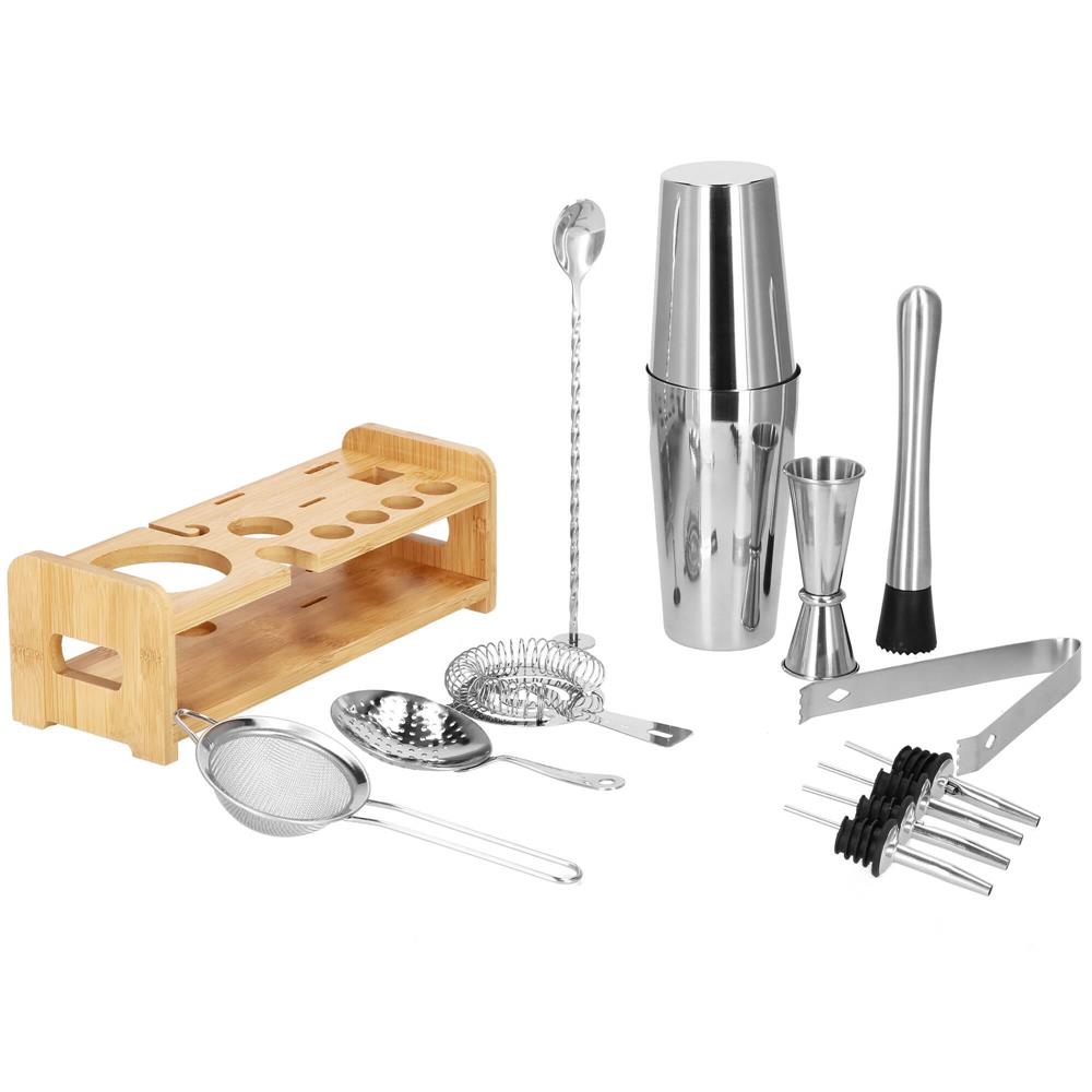 Set Cocktail Shaker Kit pentru barmani 750ml, KI11, suport bambus, 14 piese Household NewTrend