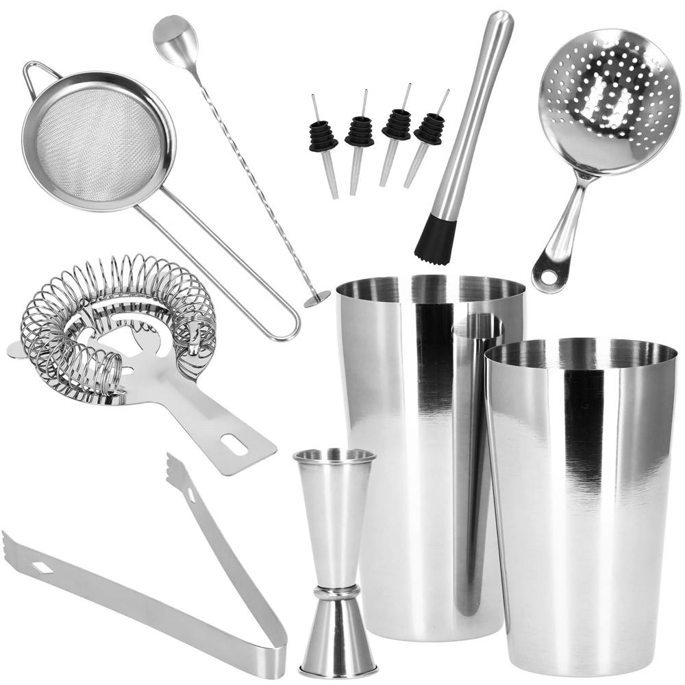 Set Cocktail Shaker Kit pentru barmani 750ml, KI11, suport bambus, 14 piese Household NewTrend