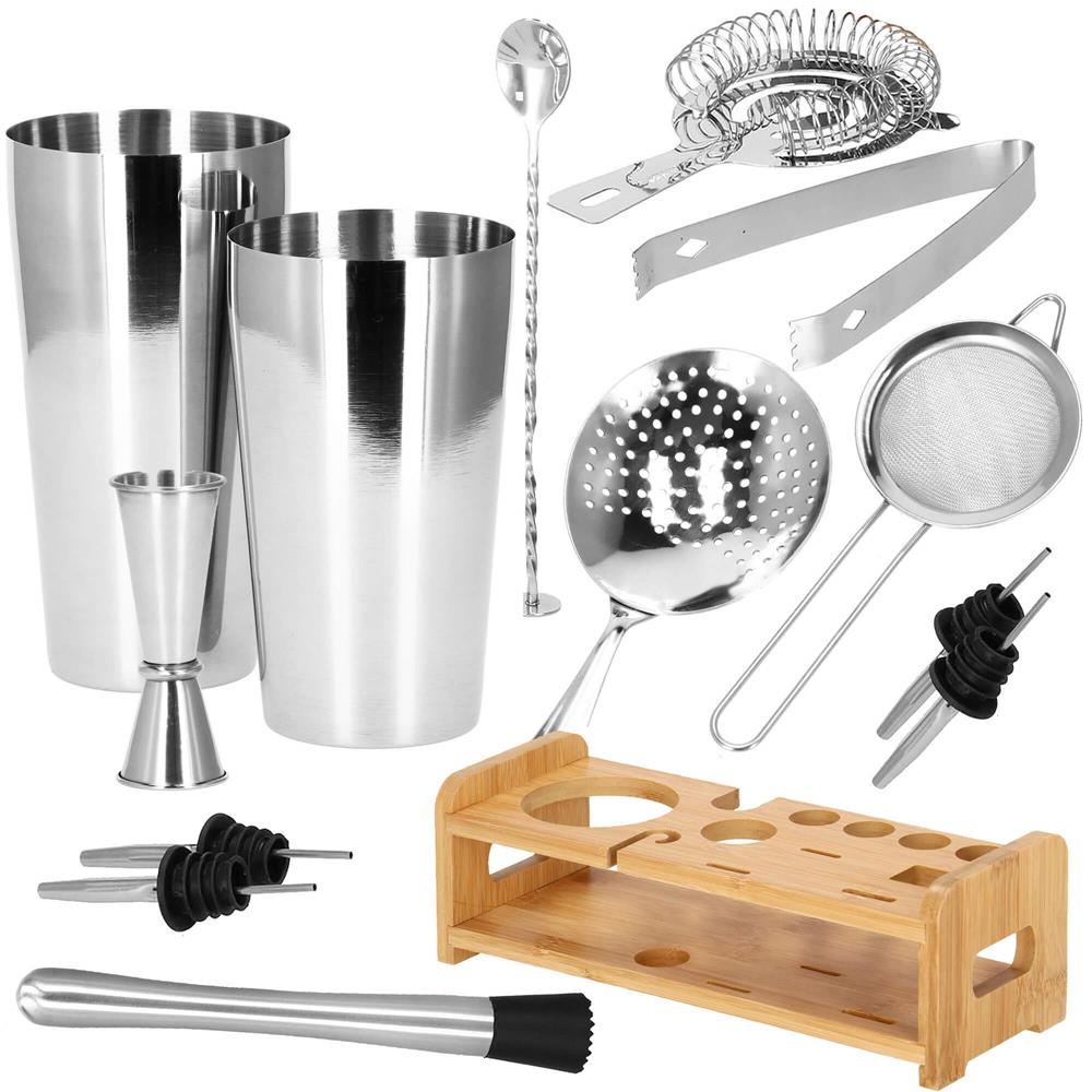 Set Cocktail Shaker Kit pentru barmani 750ml, KI11, suport bambus, 14 piese Household NewTrend