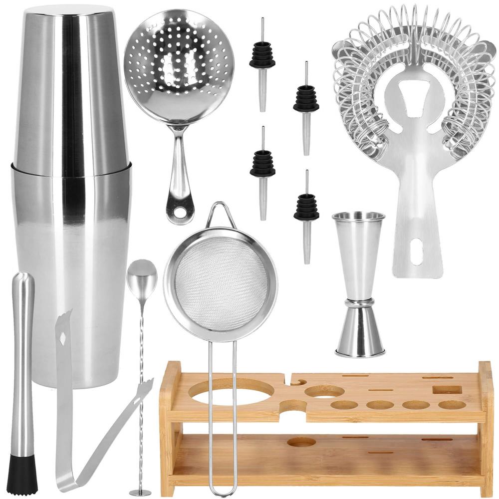 Set Cocktail Shaker Kit pentru barmani 750ml, KI11, suport bambus, 14 piese Household NewTrend