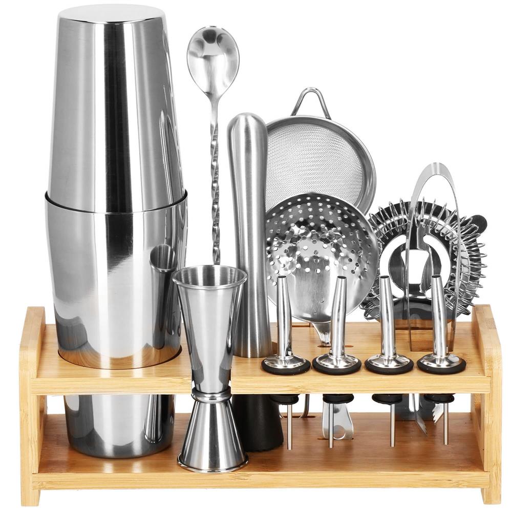 Set Cocktail Shaker Kit pentru barmani 750ml, KI11, suport bambus, 14 piese Household NewTrend