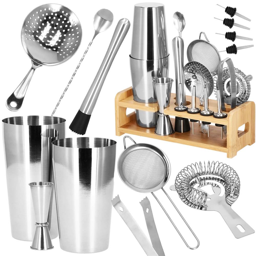 Set Cocktail Shaker Kit pentru barmani 750ml, KI11, suport bambus, 14 piese Household NewTrend