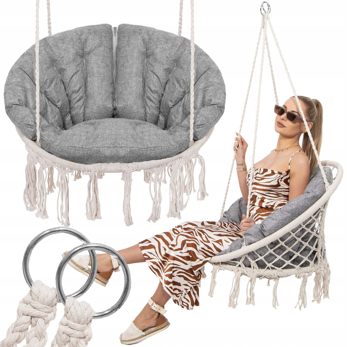Scaun rotund Sersimo tip leagan suspendat cu perna Confort Plus casa sau gradina, bej Household NewTrend