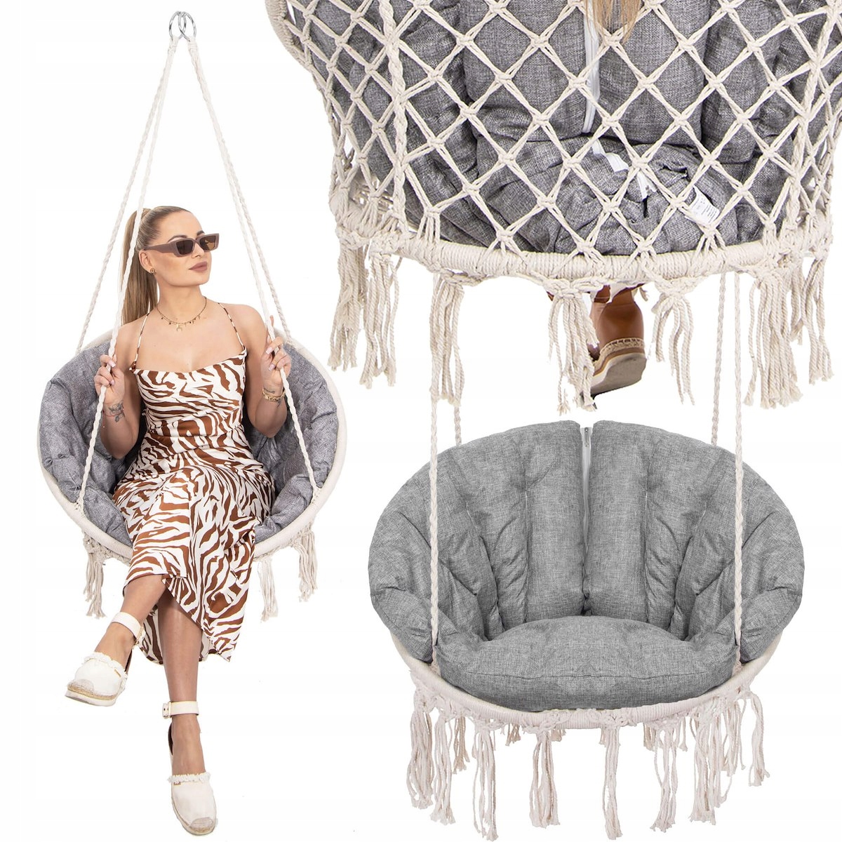 Scaun rotund Sersimo tip leagan suspendat cu perna Confort Plus casa sau gradina, bej Household NewTrend