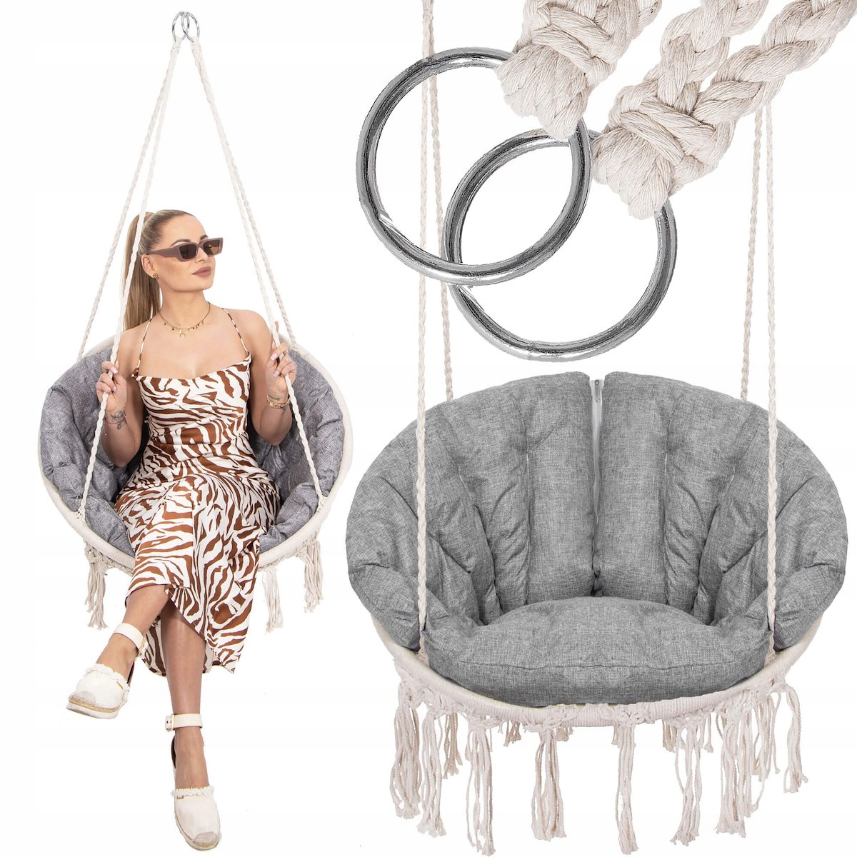 Scaun rotund Sersimo tip leagan suspendat cu perna Confort Plus casa sau gradina, bej Household NewTrend